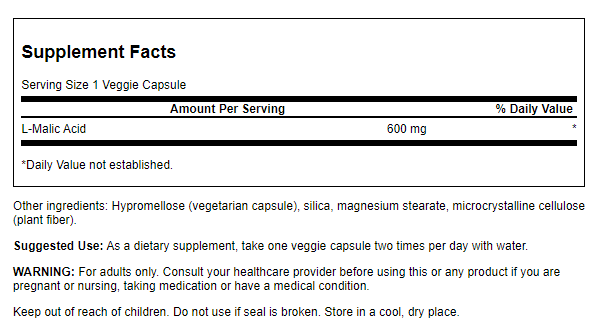 Swanson Malic Acid Vegecaps 600mg 100