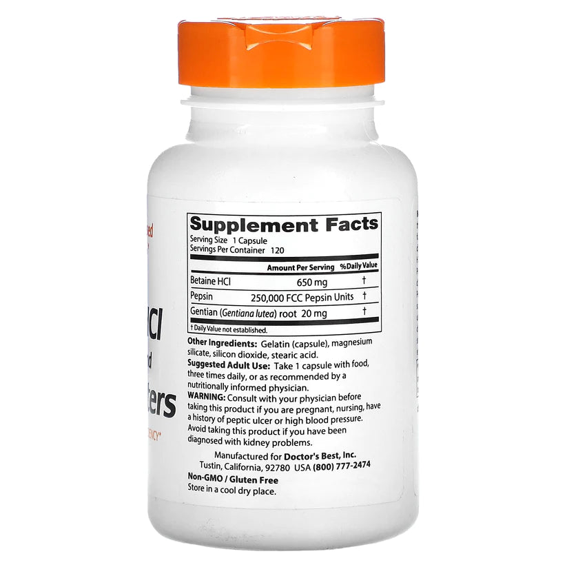 Doctor's best betaine HCl Pepsin and Gentian Bitters Vegecaps 120