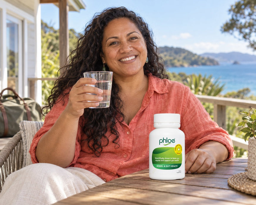Woman on a holiday deck by the sea with a glass of water and a bottle of Phloe Capsules