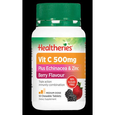 Healtheries Vit C 500mg with Echinacea & Zinc chewable tablets, 50 tabs