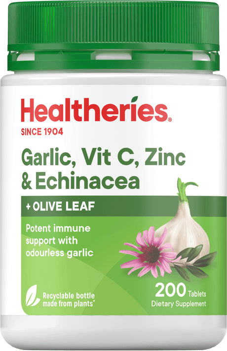 Healtheries Garlic, Vit C, Zinc & Echinacea with Olive Leaf Tablets