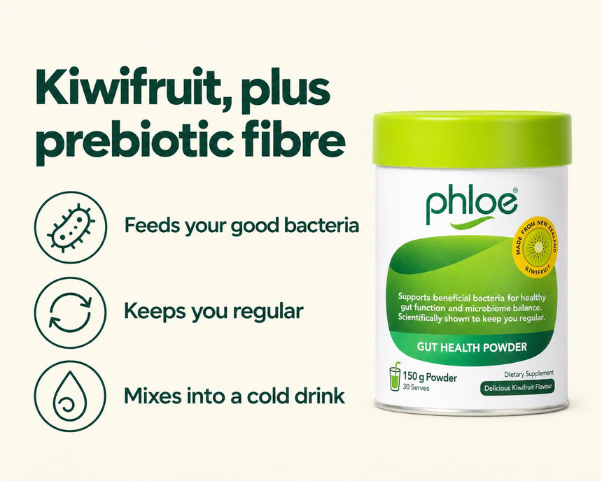 Phloe Gut Health Powder: kiwifruit, plus prebiotic fibre. Feeds your good bacteria, keeps you regular, mixes into a cold drink