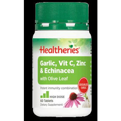 Healtheries Garlic, Vit C, Zinc & Echinacea with Olive Leaf tablets, 60 tabs